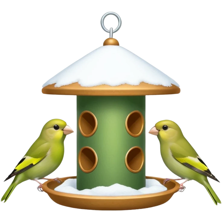 3 Green finch feeding on a bird feeder in the snow emoji