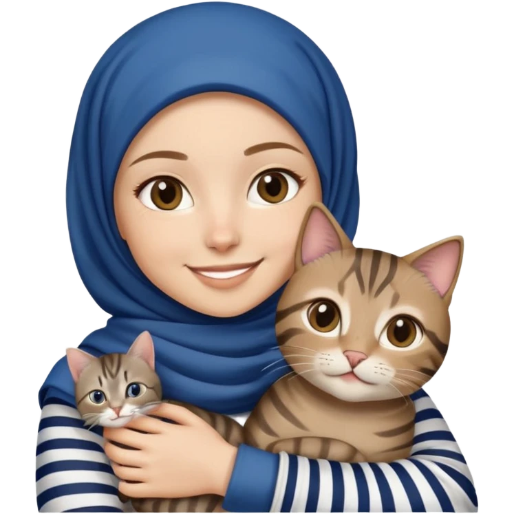 White girl wearing dark blue hijab with white shirt smiling while holding a black grey brown stripes tabby cat emoji