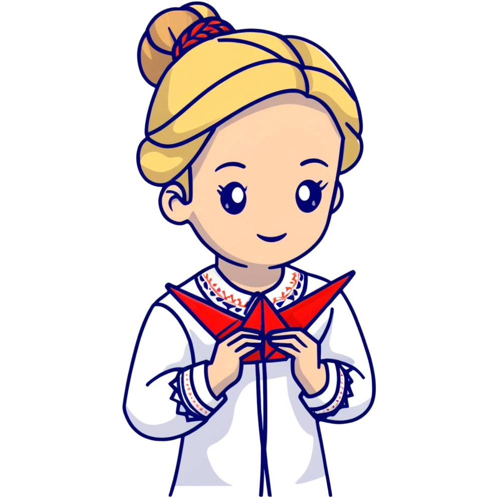 Ukrainian young girl with blonde braided hair wearing a white traditional embroidered shirt (vyshyvanka) holding a red origami paper crane in her hands emoji