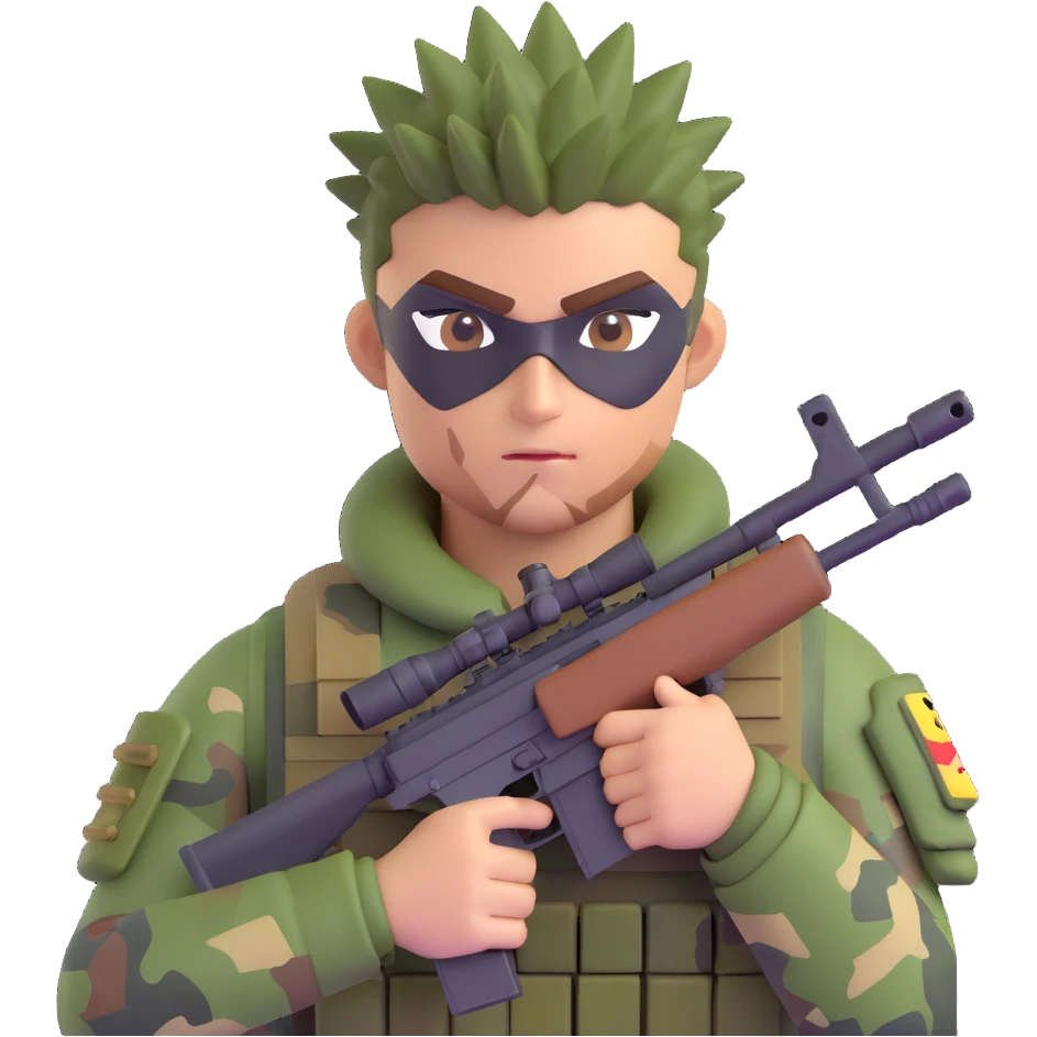 Add camouflage face paint to the muscular soldier, keep the spiky hair and sniper rifle, preserve 3D emoji style, no background. emoji