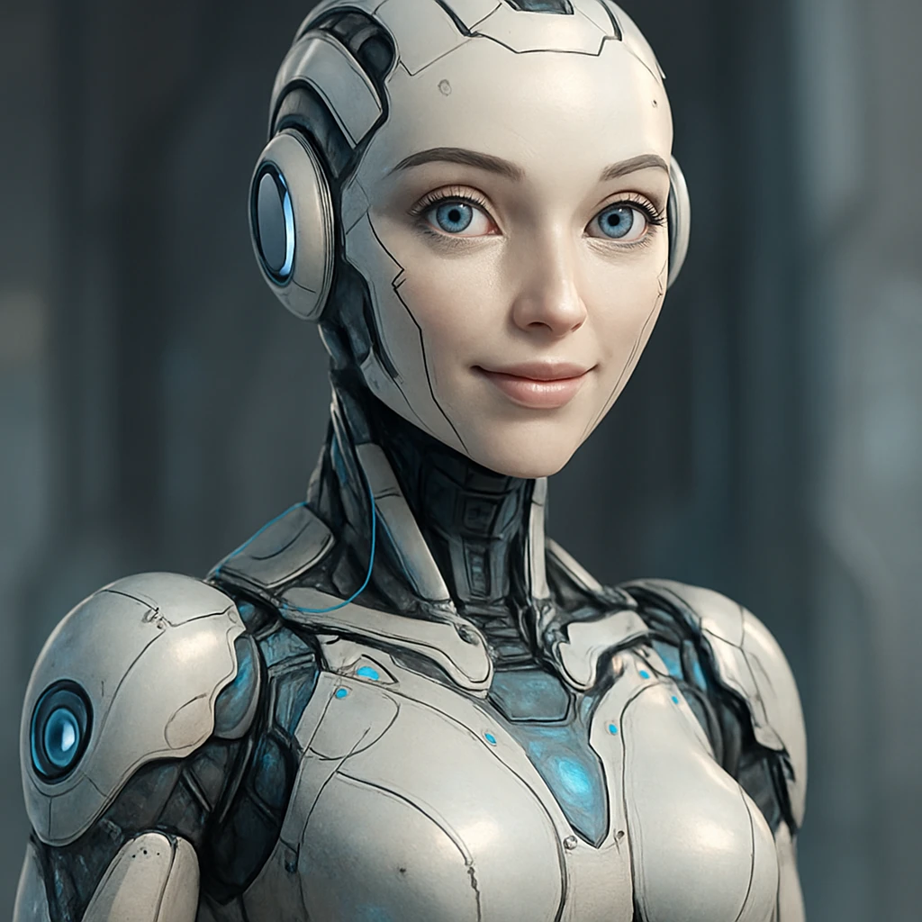 a woman AI robot, futuristic, friendly, detailed emoji