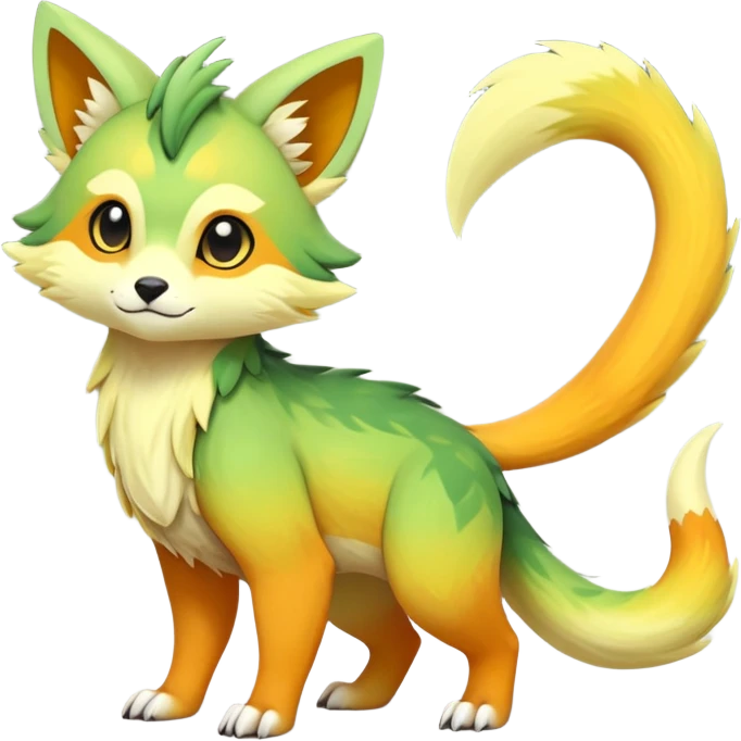 Rare realistic exotic warm-green warm-orange warm-yellows pastel gradients cute epic pretty beautiful handsome gorgeous aesthetic colorful vibrant Vernid-Trico-species-Fakemon-creature by LiLaiRa, 4 legs, 1 tail, random markings, (full body) emoji