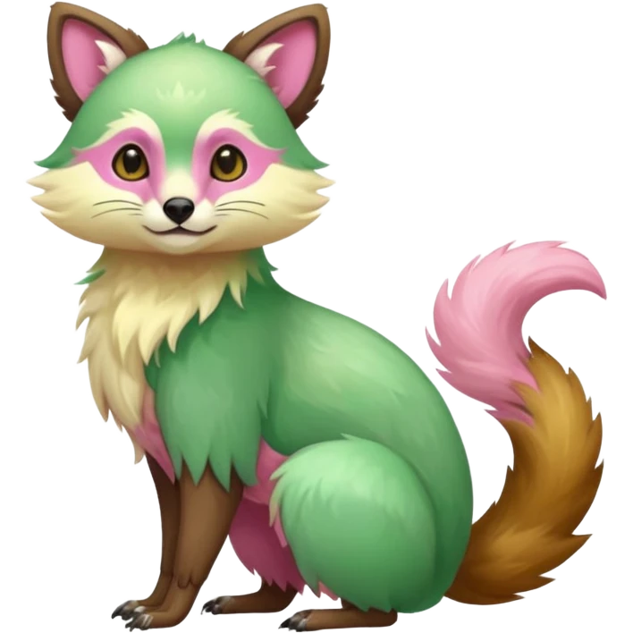 Colorful brown with rose-pink, yellow-beige-cream, jade-green tropical exotic shiny beautiful fantasy-Vernid-Cacomistle-animal-Fakémon-hybrid-fursona (full body) emoji