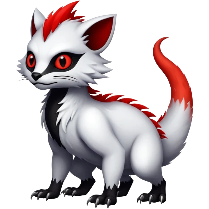 a white exotic edgy vernid-fionbr-Fakémon-creature, with black belly and red eyes, full body emoji