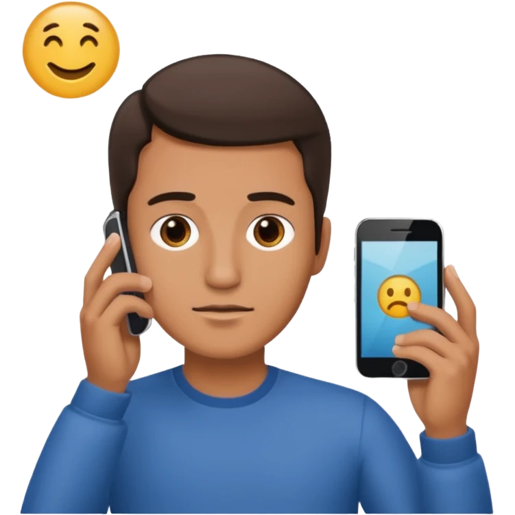 a guy holding an smartphone with both hands in landscape mode in front of his forehead emoji