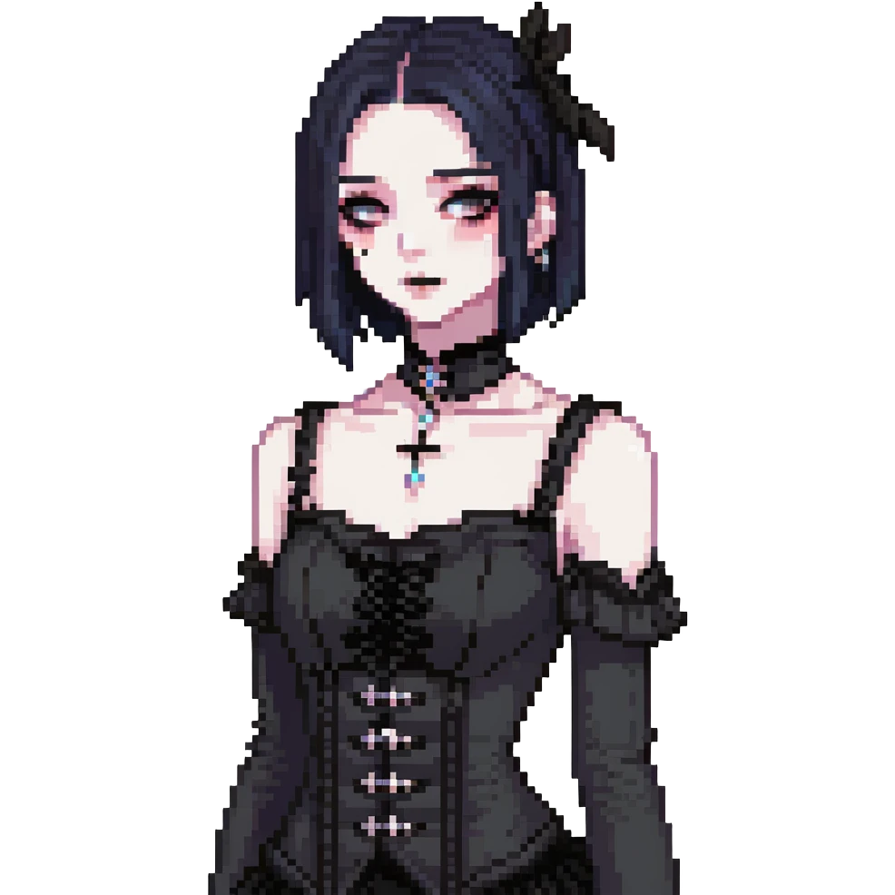 gothic femboy with wide shoulders, small chest, dark clothes and makeup emoji