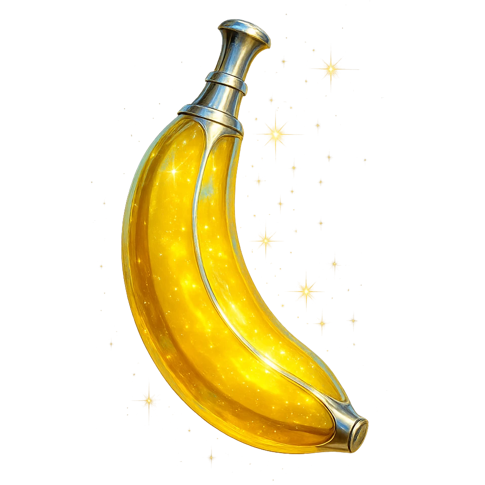 banana-shaped luxurious elixir bottle, banana yellow color, iridescent and silver details, intense magical glowing and sparkling effects, very small neck, seamless bottom, transparent background, floating, no base or shadow, modern, matching a collection emoji