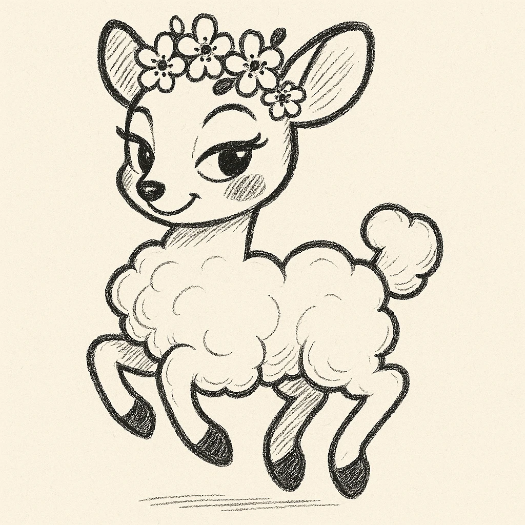 Transform the feminine vanilla cloud doe with rosy cheeks and cherry flowers on its head, floating gracefully, into a soft, whimsical, and playful hand-drawn doodle style. Keep the Pixar-inspired charm while emphasizing confidence, charm, and subtle allure, suitable for a social media brand mascot. The style should resemble a hand-drawn doodle with a Pixar-inspired look. emoji