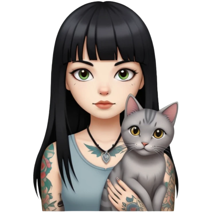 girl with long black  straight bangs hair and tattoos and a light grey-shared cat emoji