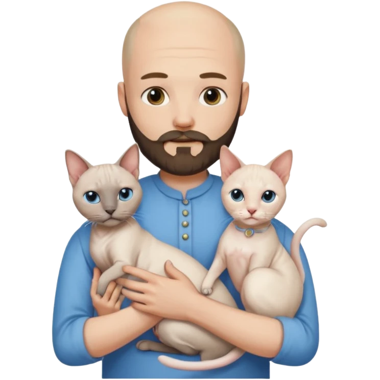 A couple, a man and a woman. The man, who is bald with a beard and wearing a blue shirt, is holding a Siamese cat in his arms. The woman, who has light hair and is wearing a white dress, is holding a white Sphynx cat in her arms emoji
