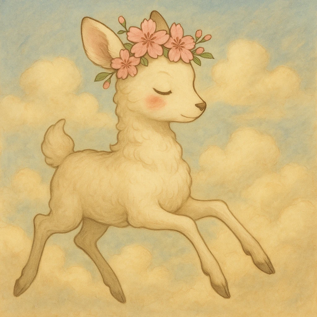 Create another variation of a feminine adult vanilla cloud doe with rosy cheeks and cherry flowers, floating gracefully, in Ghibli style. This is for brand identity and social media use. emoji
