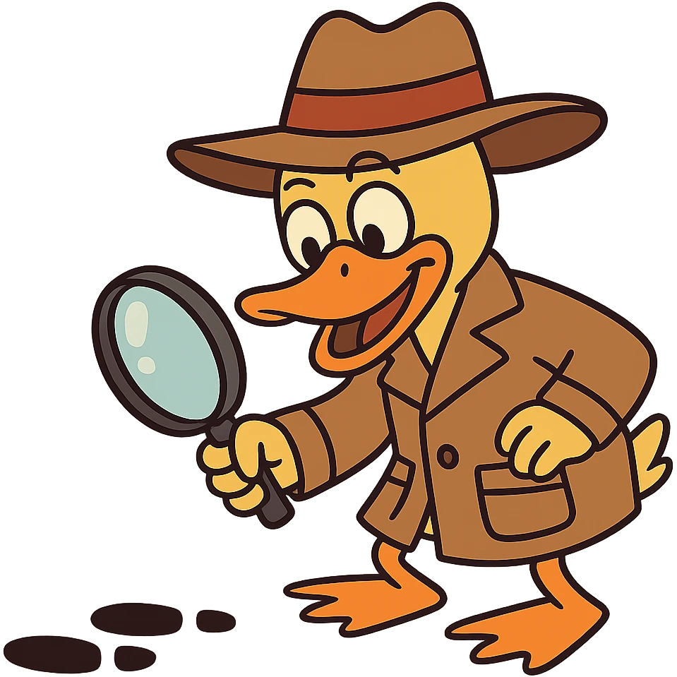 cheerful and playful duck detective with bright colors oversized hat looking at clues emoji