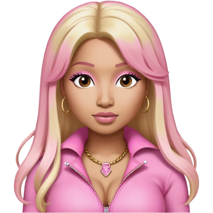 Nicki Minaj wearing a pink outfit with hair that is half blonde and half pink emoji