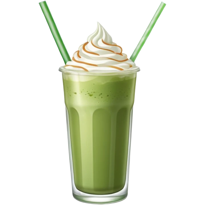 iced matcha latte in a tall clear glass with straw and whipped cream emoji