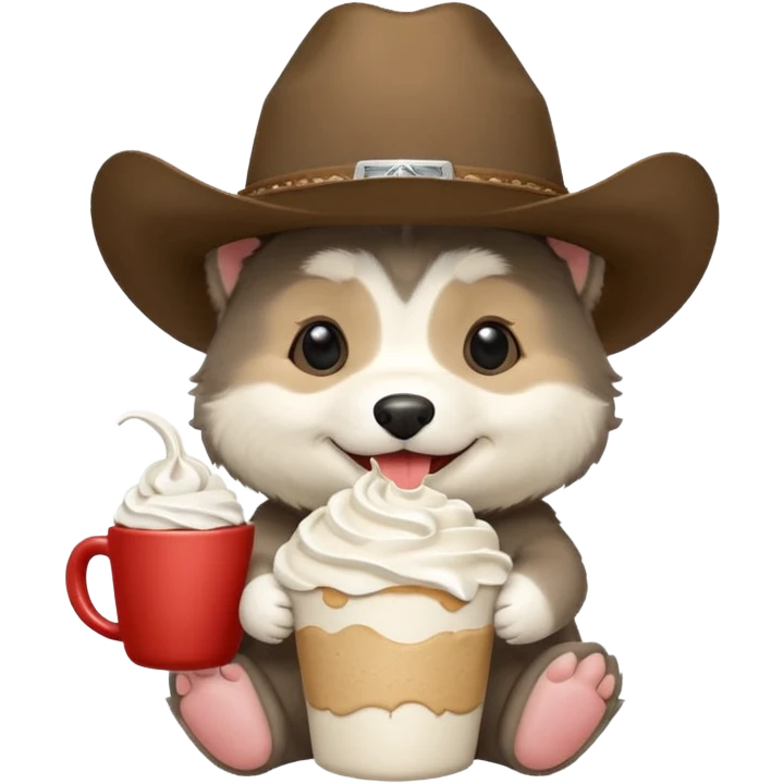 Agouti (more black, with cream, some tan) Malamute puppy wearing cowboy hat and smiling with cup of whipped cream emoji