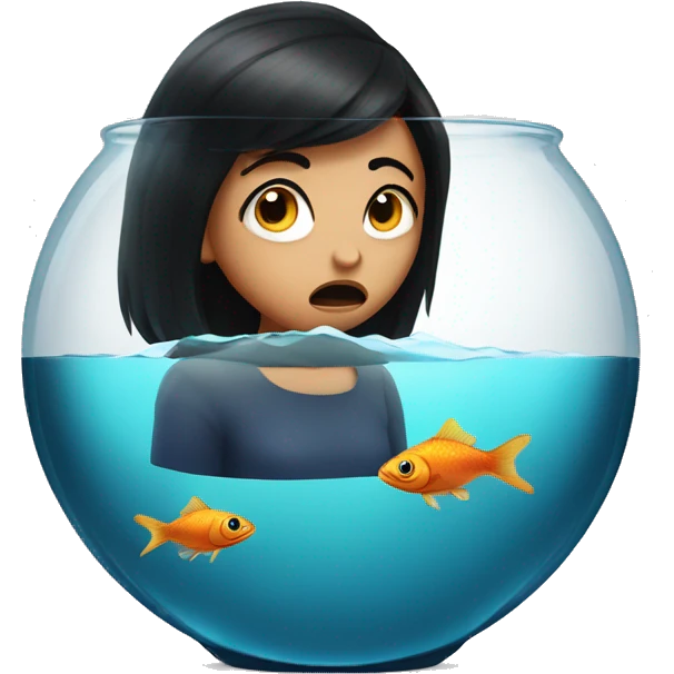 Angry Dark hair girl looking at a old fish in a fish bowl emoji