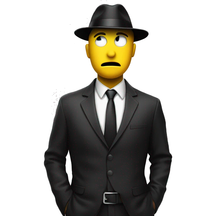 a yellow emoji face looking to his right a bit suprised, wearing a black agent hat. POV on his right side emoji