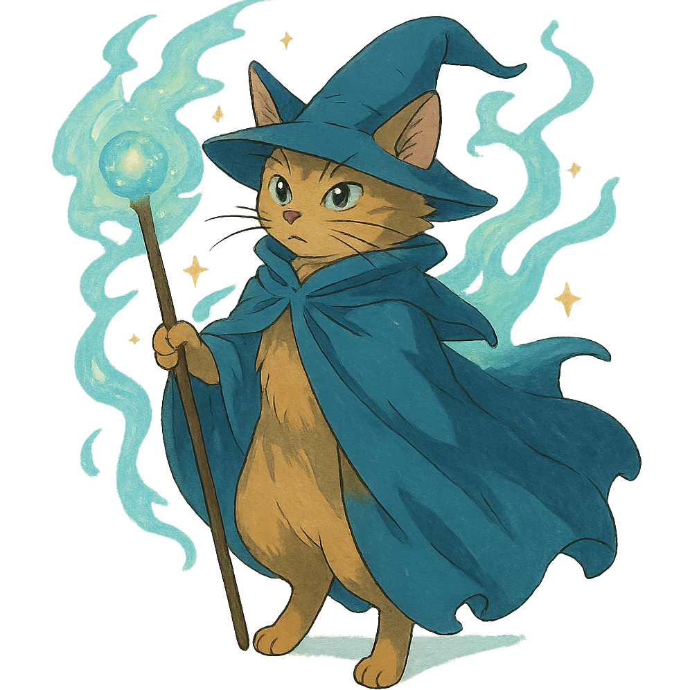 ghibli style wizard cat with a flowing cloak and magical aura emoji