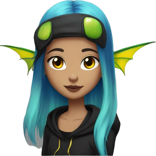Lady with brunette and iridescent blue hair, gold, lime green dragon wings, black hoodie, bleach dyed, black and gold Nike t shirt, and bright red eyes emoji