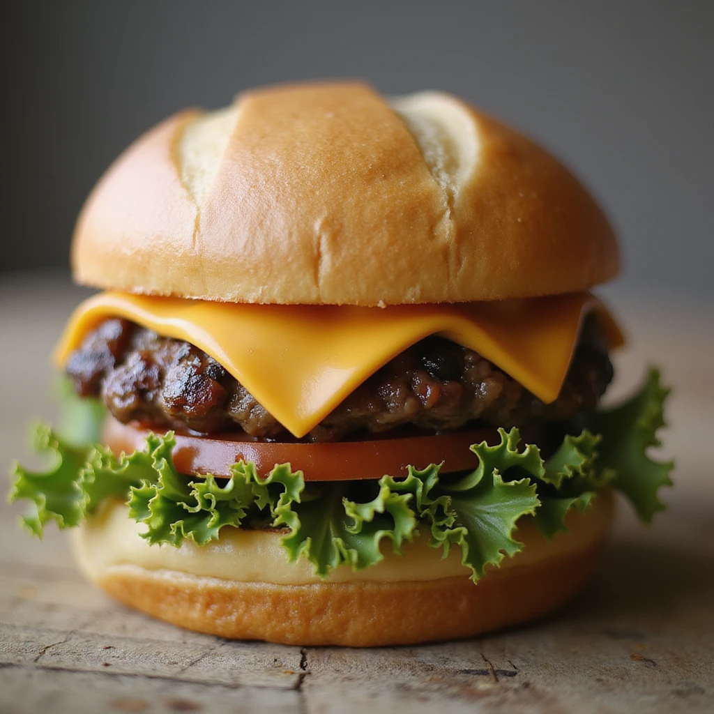 a single train car shaped like a cheeseburger, realistic textures, melted cheese, lettuce, tomato, photorealistic style emoji