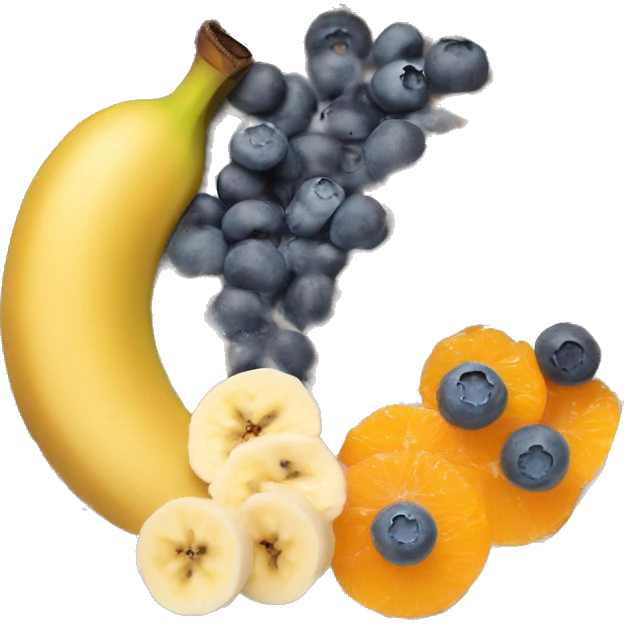A porridge bowl with banana, blueberries and tangerine as toppings. There‘s also cinnamon and chia seeds on top. emoji