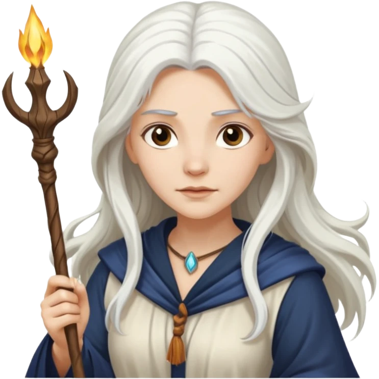 White Long Haired Women, Sorceress with staff — flowing white hair, calm face. emoji