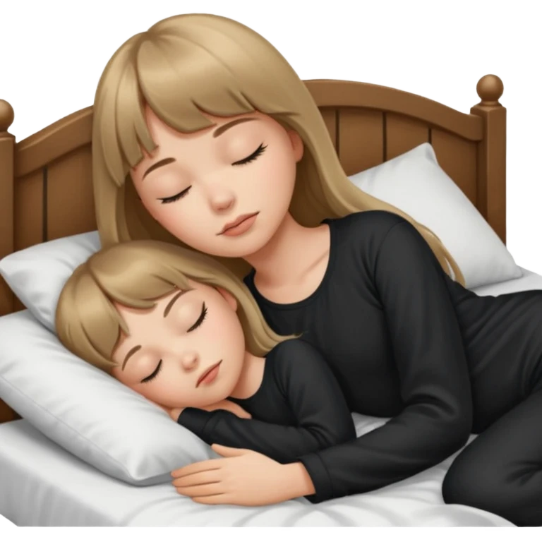 Young woman with long dark blond hair all around her, and a bang, sleeping in bed  with black pyjama  emoji