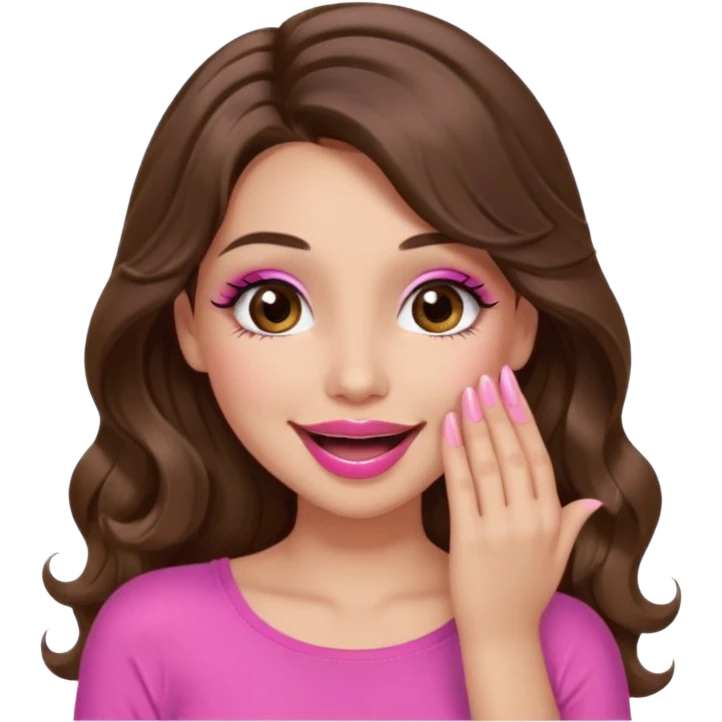 girl with long wavy brown hair, brown eyes, long lashes makeup, pink lips, light to medium complexion, pink sexy top, smiling, hand covering the mouth, giggling emoji