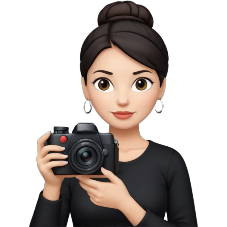 48 year old woman photographer with dark hair in a bun, wearing black clothes emoji