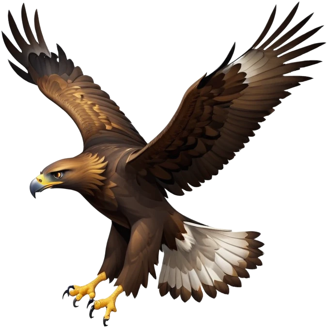 cinematic-golden eagle-realistic-full-body-soaring-emoji,-massive-wings-spread-wide-against-the-open-sky,-sharp-beak-curved-and-powerful,-piercing-golden-eyes-scanning-the-land-below,-strong-feathered-legs-tucked-tight,-dark-brown-feathers emoji