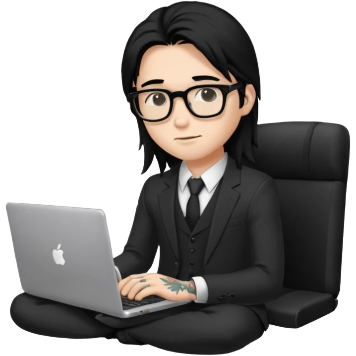 a young man with long black hair, with formal cloth, wearing glasses sitting with a laptop, tattoo inyout arms emoji