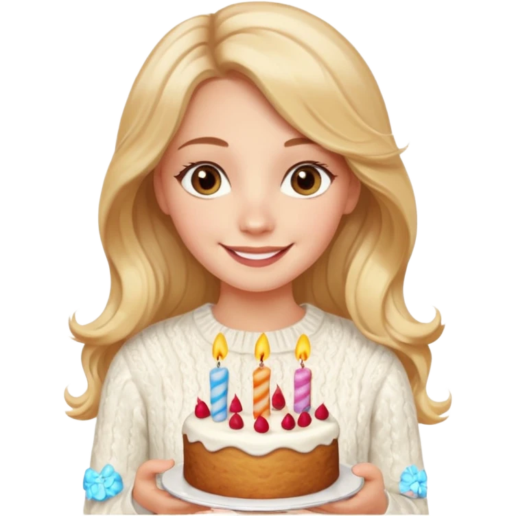 A pretty white girl with hazel brown eyes and long  down and blonde wavy hair in a cosy white knit sweater, she is celebrating her birthday and is happy emoji