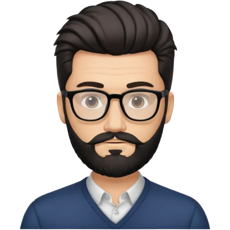 یه پسر سفید پوست با ریش مشکی و مدل موی جذاب که موهاش رو به بالاهست و عینک زده emoji