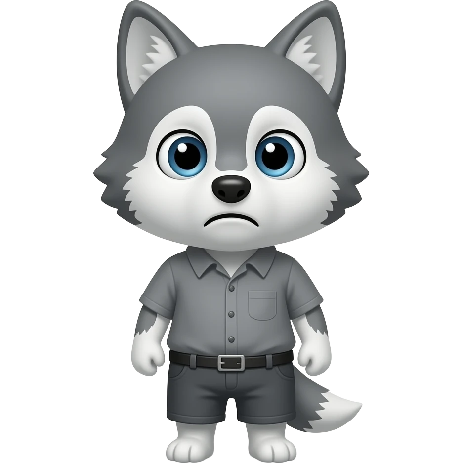 A little gray wolf shaped like a little human, dressed in gray, looking at us because he's very fearful. emoji