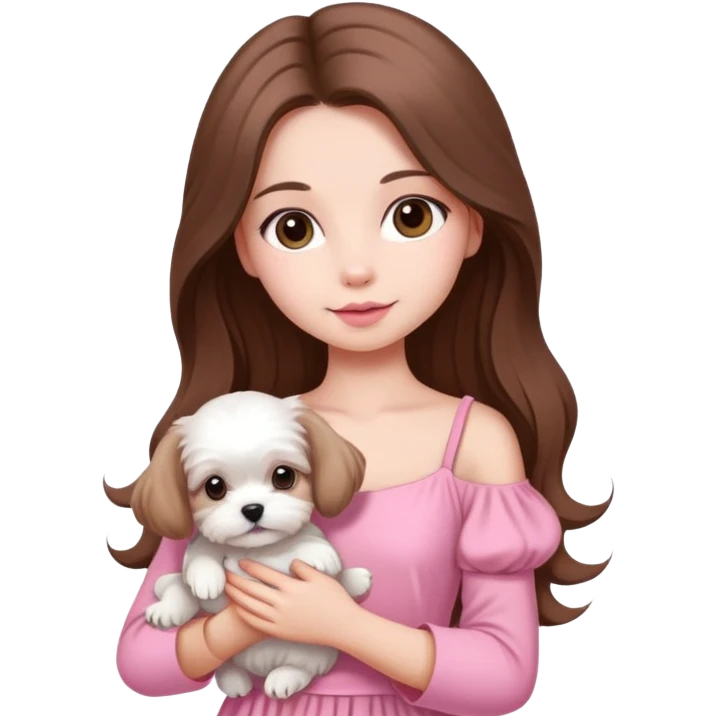 beautiful girl with long hair wearing pink dress holding a white Maltese puppy emoji