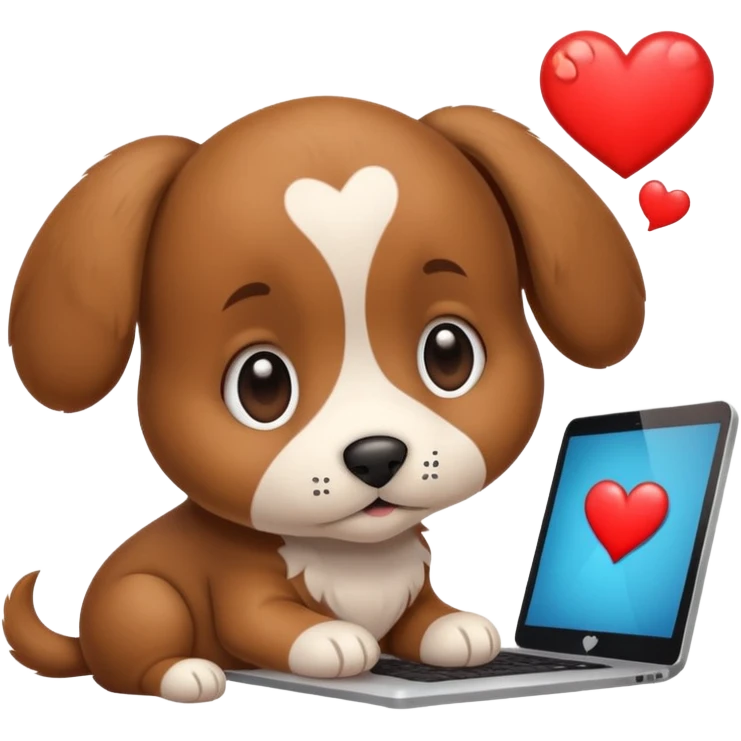 Puppy at computer thought bubble heart emoji