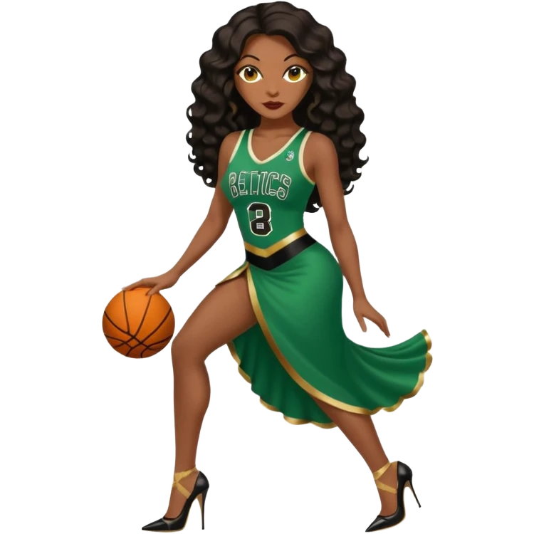 A 45-year-old ebony brown black woman with brown eyes, long body wave black brown baylaige hair dressed in sexy 
celtics jersey costume outfit and stilettos  emoji
