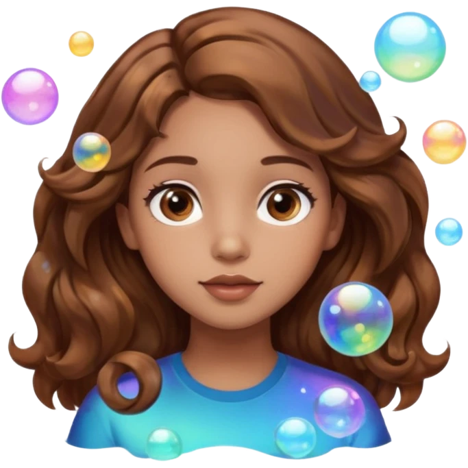 girl with brown wavy hair in a side part with big brown eyes looking off to the side with bubbles on both sides of her emoji