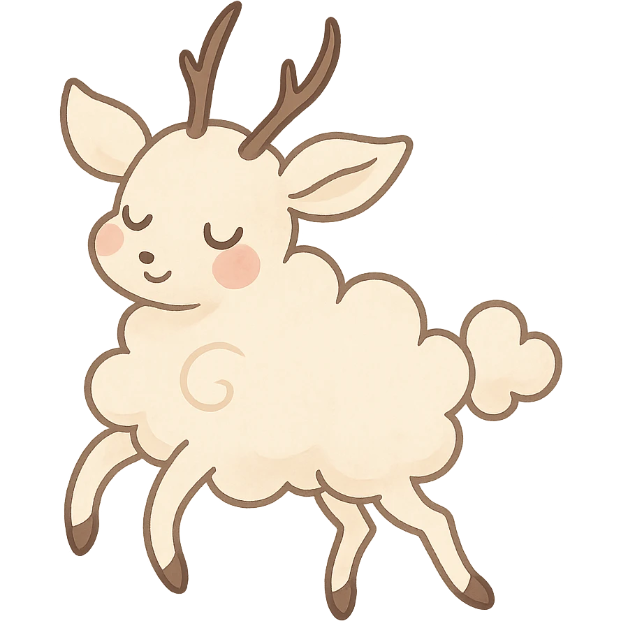 vanilla-colored cloud doe with rosy cheeks, floating gracefully with witch-like elegance, whimsical and soft, designed as a brand identity mascot for social media emoji