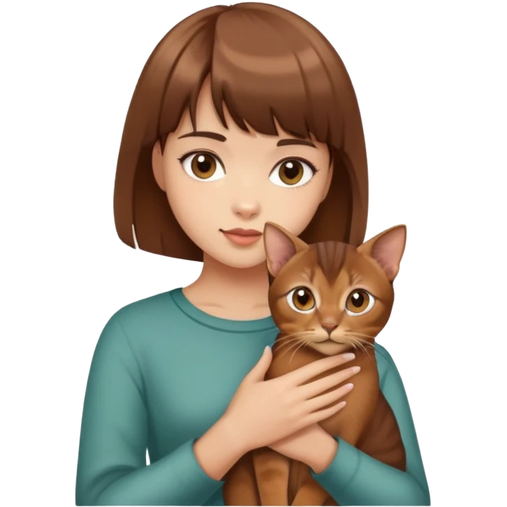 a girl with short brown hair and bangs holding an Abyssinian cat emoji