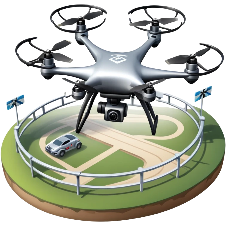 An icon showing a racing quadcopter drone in the foreground, flying at high speed through a course filled with obstacles and checkpoints. Other drones zoom in the background over a dynamic landscape. Transparent background highlights the thrill and precision of drone racing. emoji