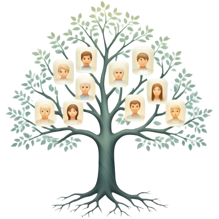 Ethereal family tree with translucent branches connecting glowing ancestor portraits, soft misty background, dreamlike genealogy chart emoji