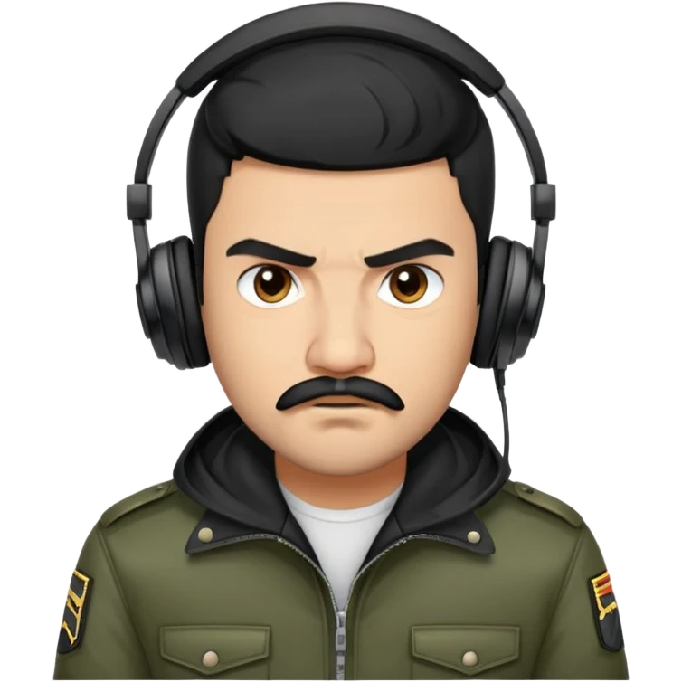 Cartoon avatar of a young latino man with very short black hair (military cut), trimmed beard only on the chin with mustache, wearing black jacket and headphones. Angry face. Semi-realistic, clean cartoon style, vivid colors, transparent background. emoji