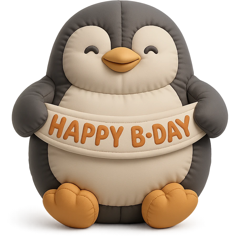 smiling penguin holding 'Happy B-Day' banner, cushion style emoji