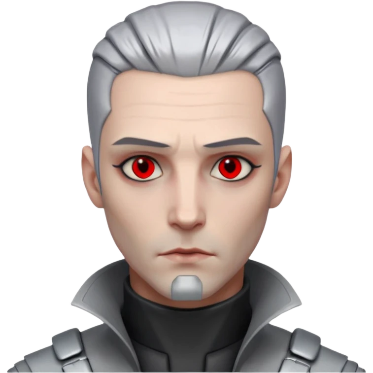 Cyberpunk man, grey slicked hair, silver metal thick  prosthetic jawline, red eyes, cold expression, clinical lighting emoji