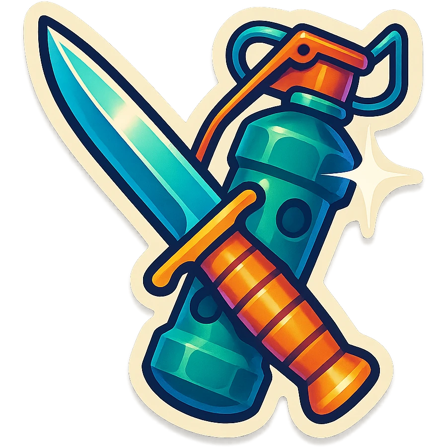 a crossed combat blade and flashbang, square symmetrical framing, 90s futuristic emoji