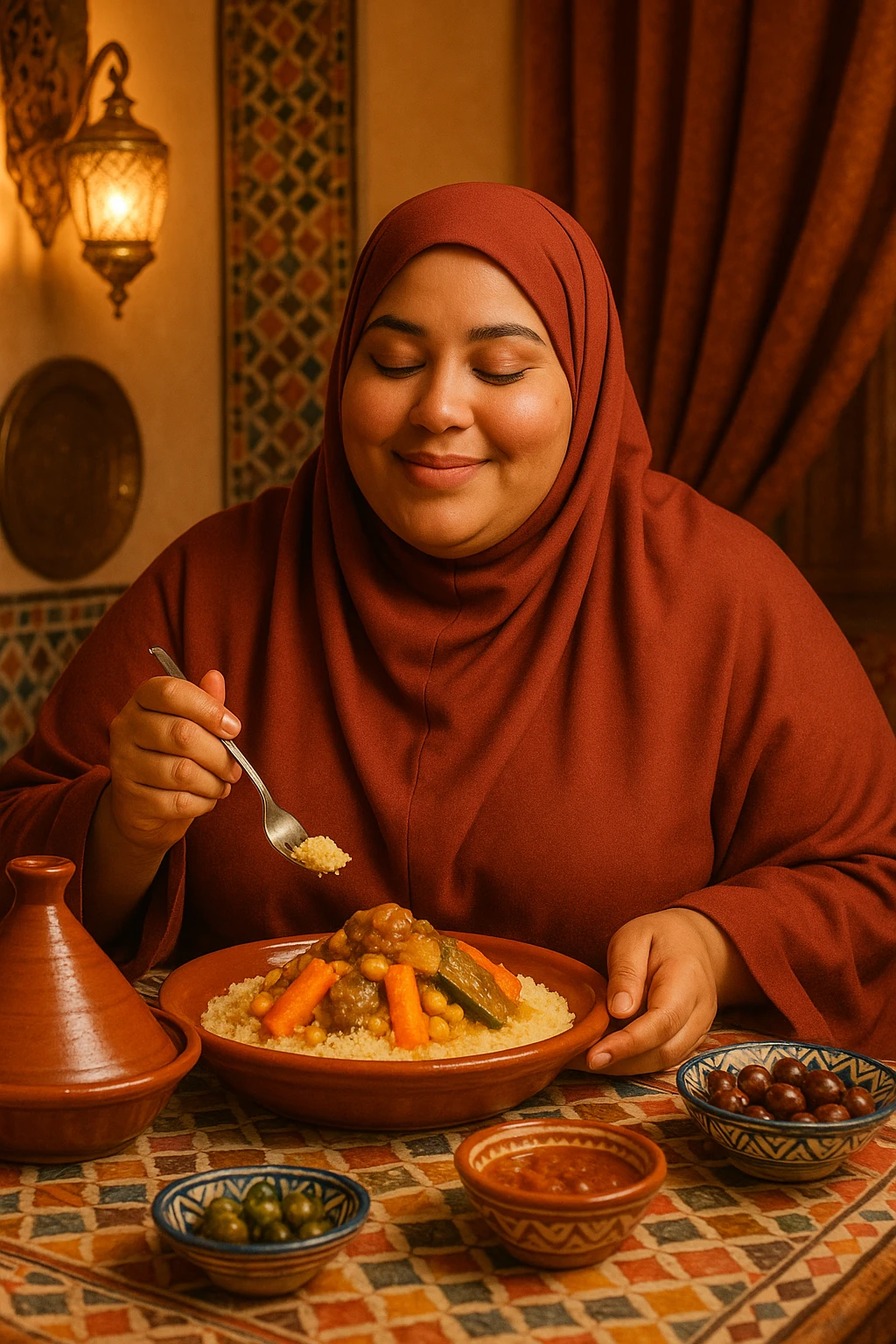 a Moroccan curvy woman eating couscous, wearing an integral hijab, in a warm, inviting setting emoji