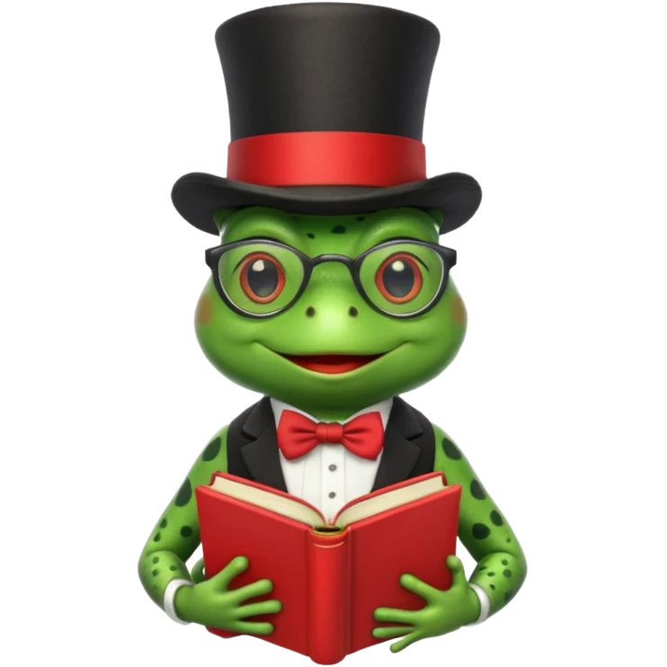 frog wearing top hat with glasses and red book emoji