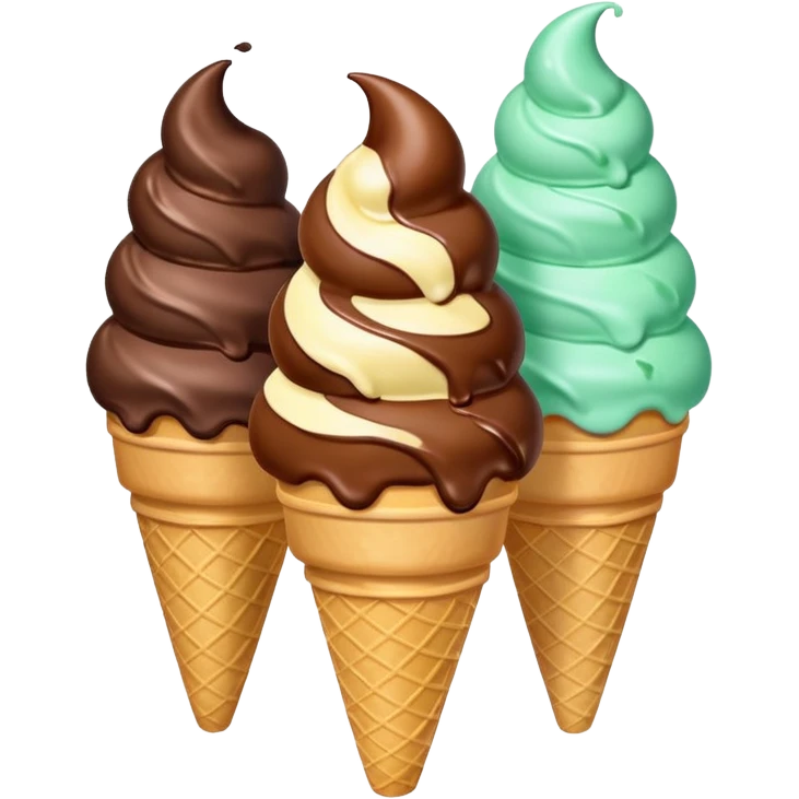 triple scoop vanilla, chocolate, mint ice cream in a cone, colorful and bright emoji