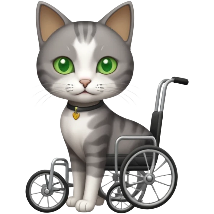 full body small short hair dark grey and white cat with green eyes walking in a wheelchair for cats emoji